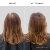 Woman with visibly thinning hair before and after using ZENAGEN Zenergy Daily Shampoo after one wash, showing fuller-looking volume, improved body, and healthier-looking shine. Side-by-side hair transformation for fine, thinning hair with instant cosmetic volumizing results.
