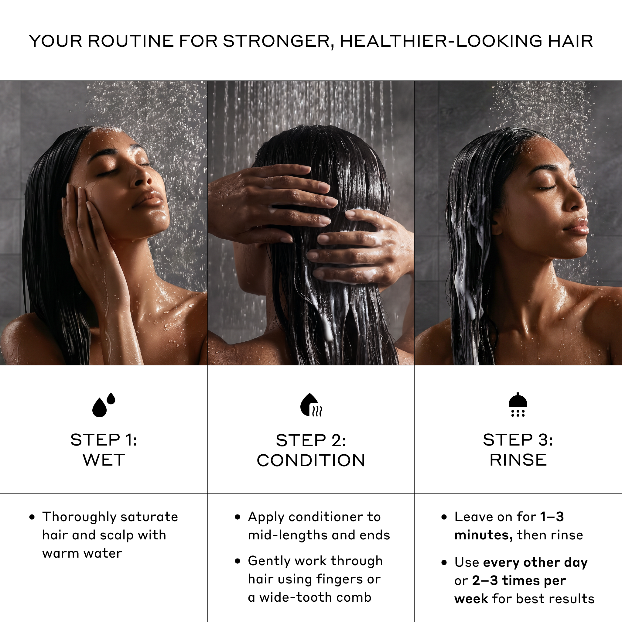 How to use Zenagen Evolve Nourishing Conditioner—apply to mid-lengths and ends, leave on for 1 to 3 minutes, then rinse thoroughly.