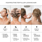 How to use thinning hair shampoo and conditioner for men, scalp care hair routine steps for fuller-looking hair, cleanse and condition routine for fine and visibly thinning hair.