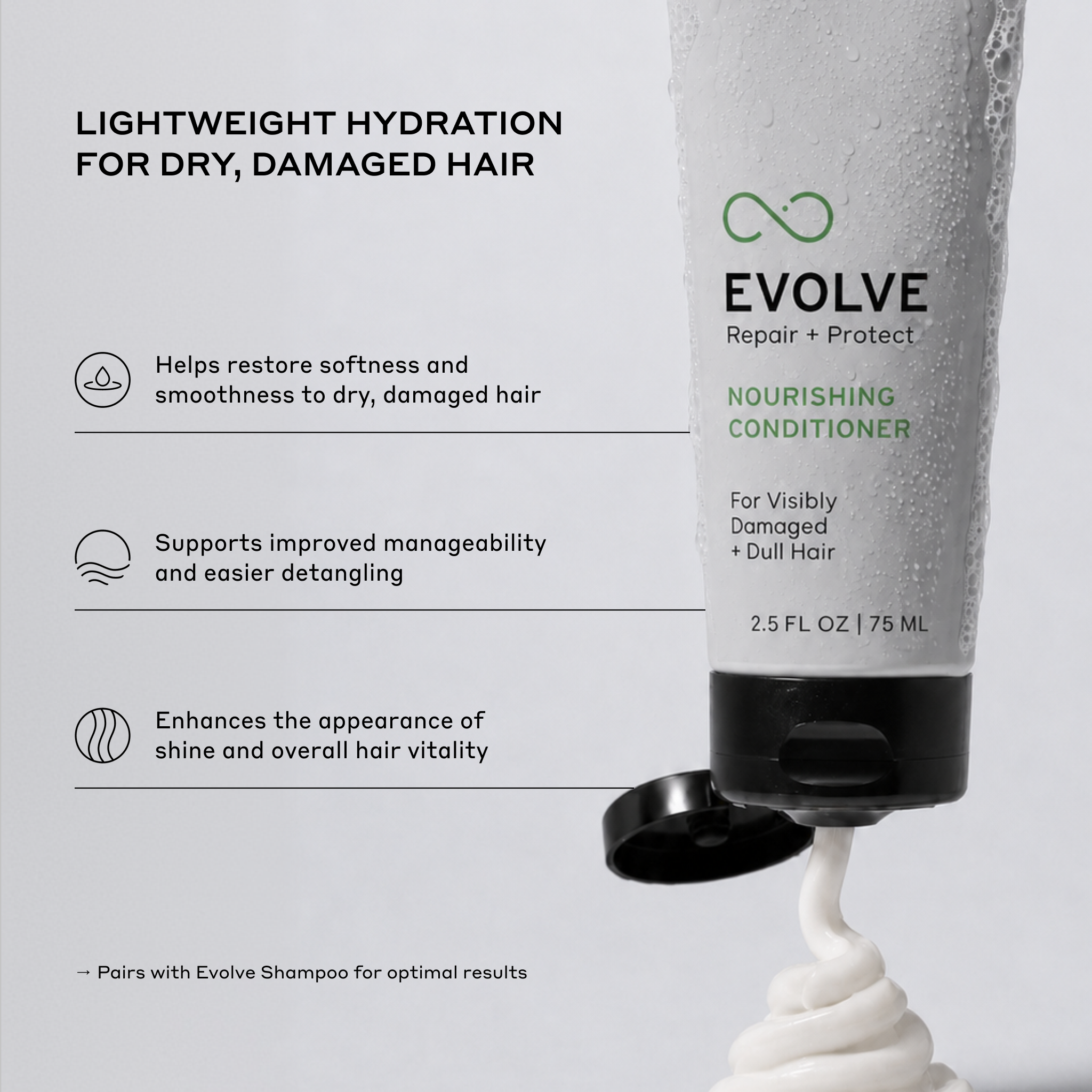 Zenagen Evolve Nourishing Conditioner for dry, damaged hair, helping improve softness, smoothness, detangling, and overall hair manageability.