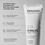 Zenagen Evolve Nourishing Shampoo for visibly damaged and dull hair, formulated to gently cleanse while helping maintain moisture for softer, healthier-looking hair.