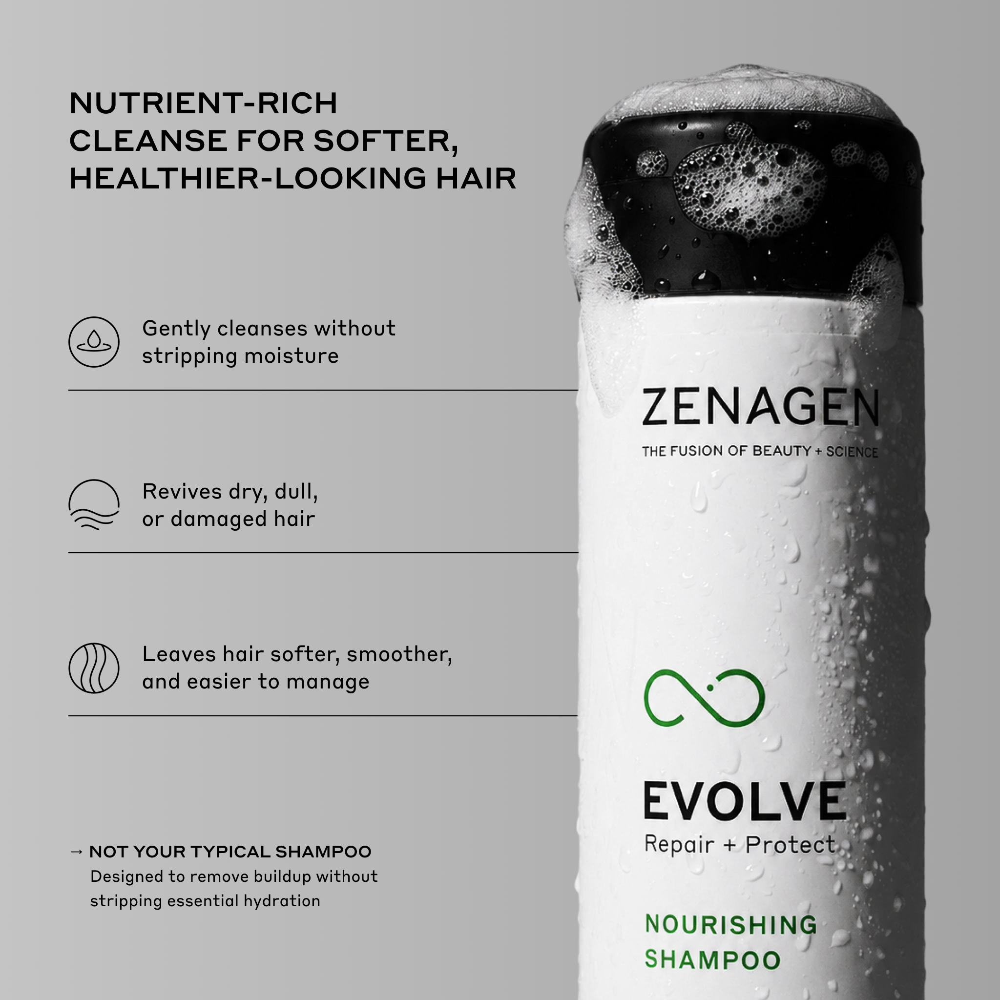 Zenagen Evolve Nourishing Shampoo gently cleanses while helping maintain moisture and improving the appearance of soft, healthy-looking hair.