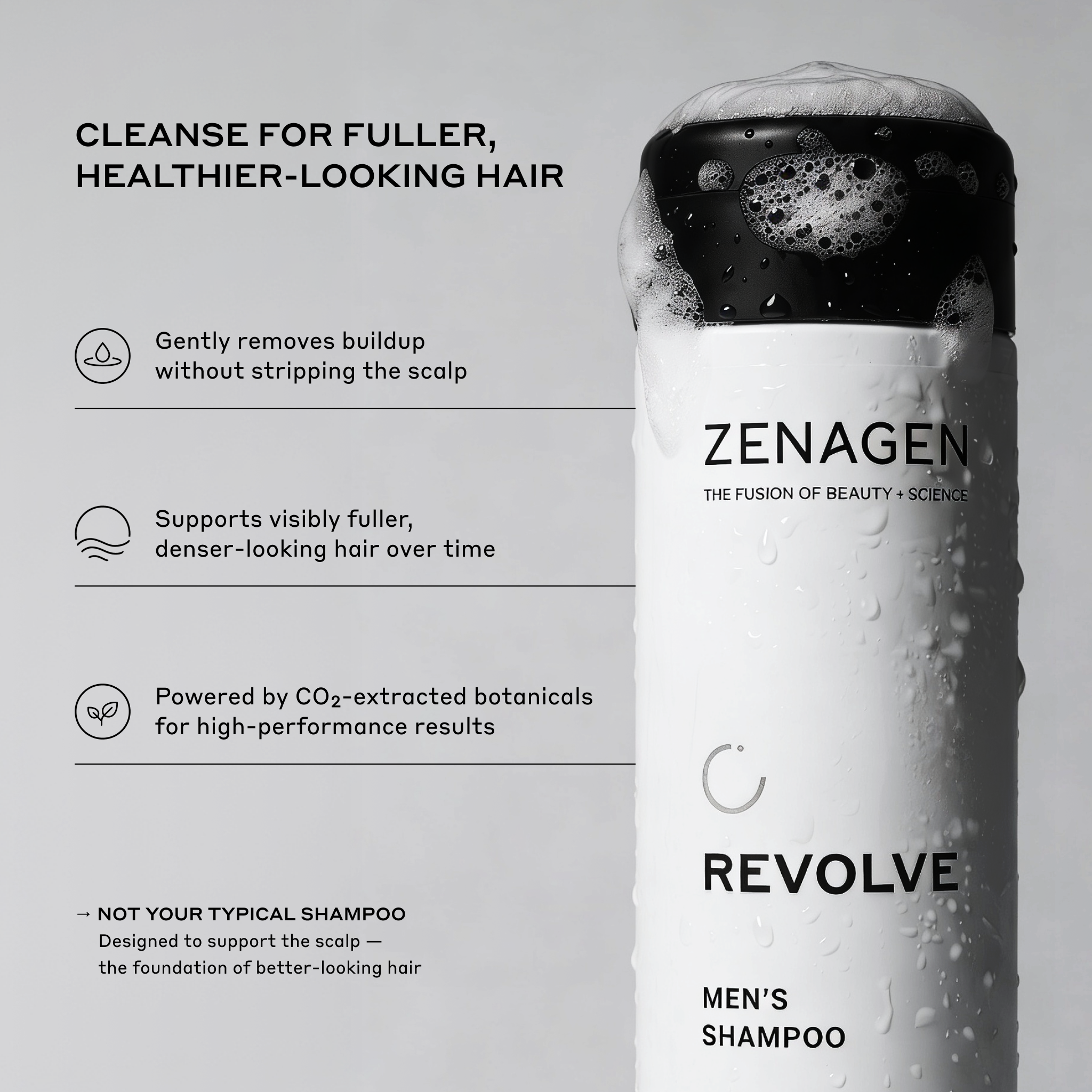Men’s scalp cleansing shampoo for thinning hair, buildup-removing shampoo for fuller-looking hair, botanical scalp care shampoo that supports thicker, denser-looking hair and healthier scalp appearance.