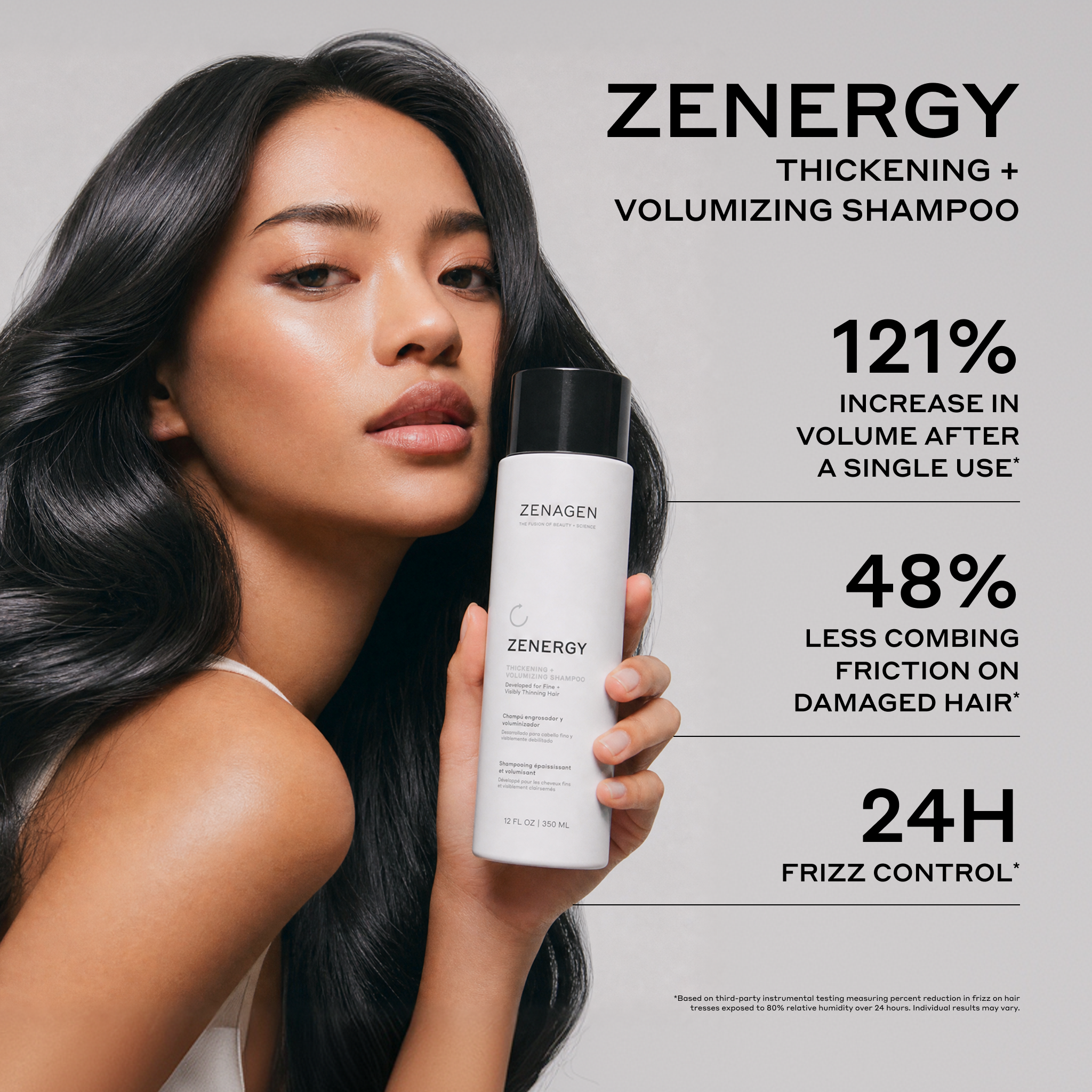 Zenagen Zenergy Thickening and Volumizing Shampoo for fine and thinning hair, providing instant volume, fuller-looking hair, frizz control, and lightweight body.