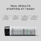 Zenagen Evolve Nourishing Conditioner results timeline showing softer, smoother, more manageable hair, enhanced shine, and stronger-looking strands with consistent use.