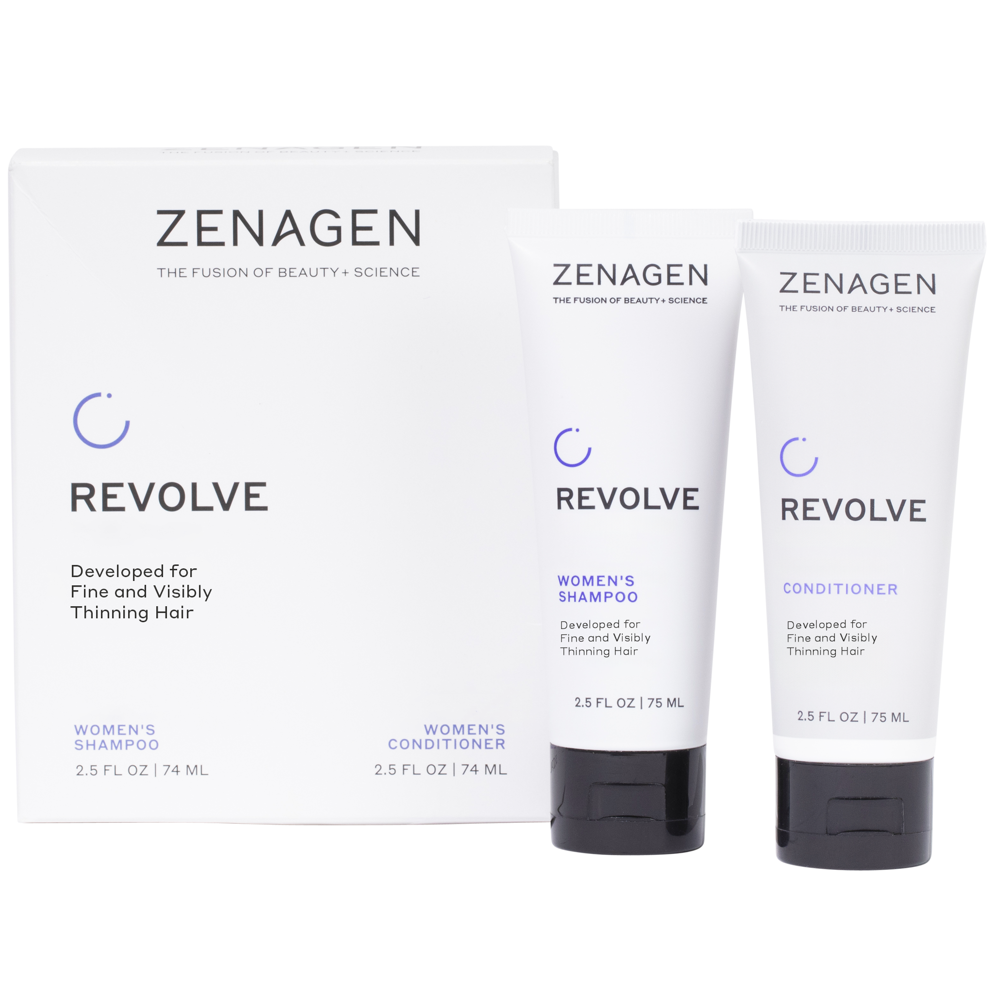 Zenagen Revolve Women's Travel Size Shampoo and Conditioner next to box