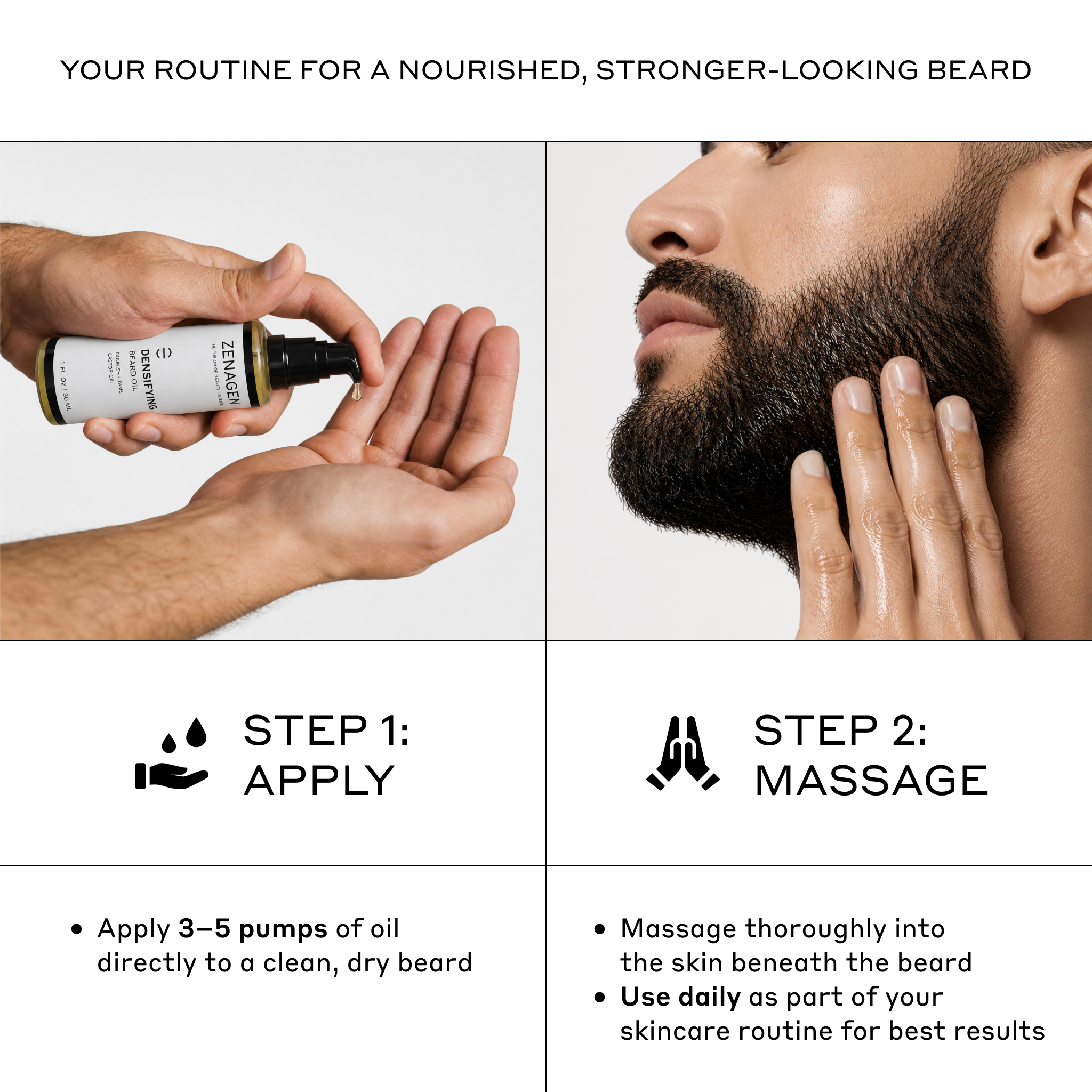 How to apply Zenagen Densifying Beard Oil by dispensing oil into hands and massaging into the beard for daily nourishment and conditioning.