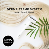 Derma stamp system product with hair and leaf on a light background