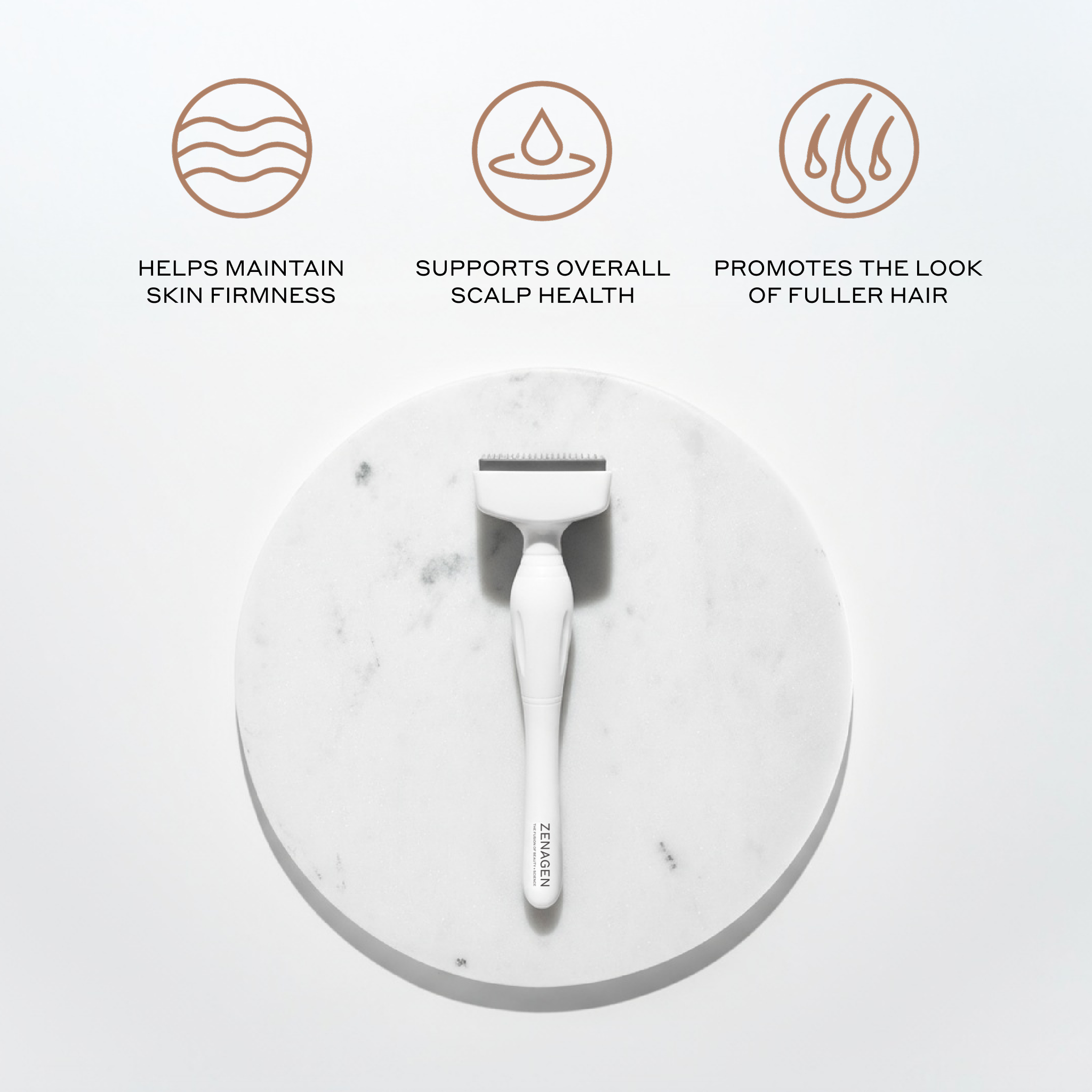 White derma stamp tool on a marble surface with icons and text about skin firmness, scalp health, and hair promotion.