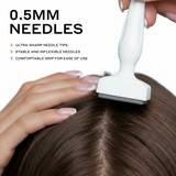 Person using a derma stamp tool with text about needle size and features