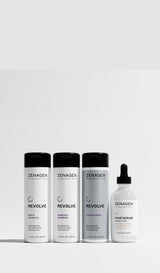 Zenagen Revolve shampoo, conditioner, and densifying hair serum displayed together for a complete hair care routine for fine and thinning hair.