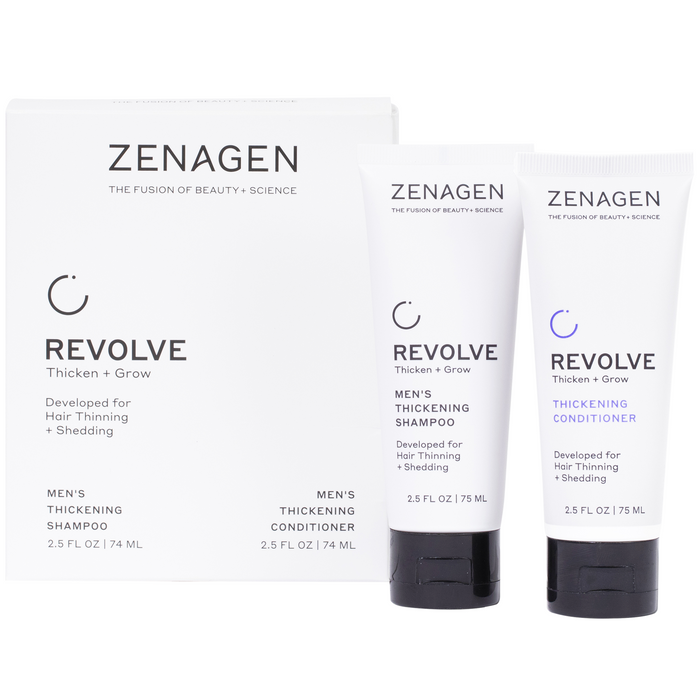 Zenagen Revolve Men's Travel Size Shampoo and Conditioner next to box