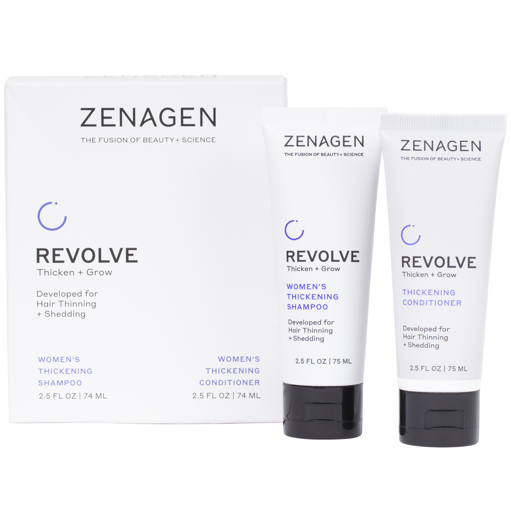 Zenagen Revolve Women's Travel Size Shampoo and Conditioner next to box